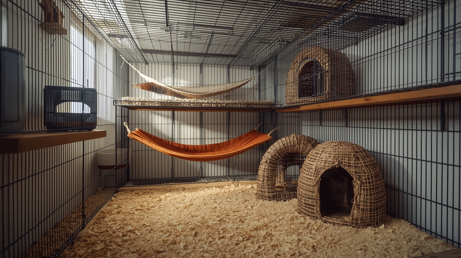 Frettenkooi met hangmatten, tunnels en veilige inrichting