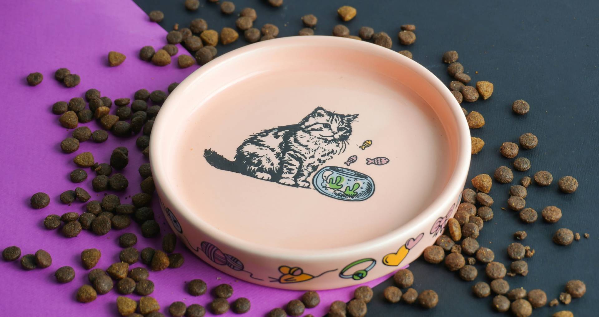 Kattenvoer in een voerbak met droge brokken als illustratie bij graanvrij kattenvoer