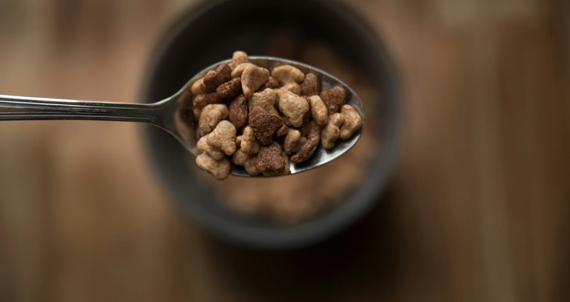 Bruine hondenbrokken in zwarte keramieke schaal op tafel.